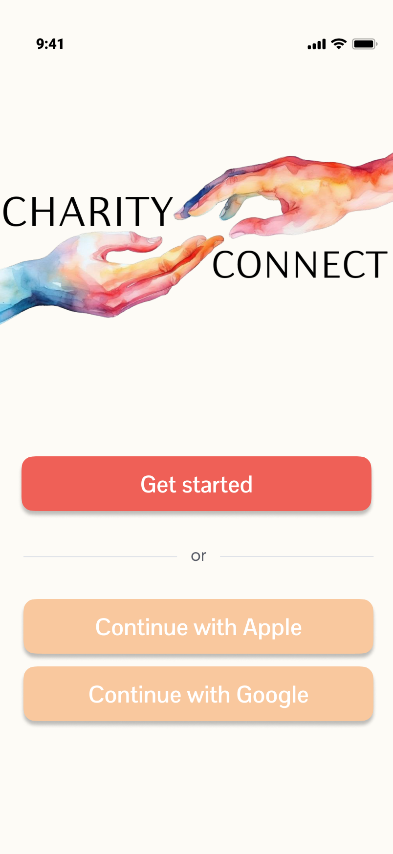 The Charity Connect app onboarding screen.