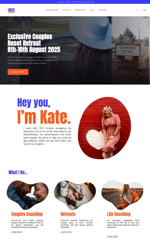 The rebuilt Kate Collective website — bold blue and orange.