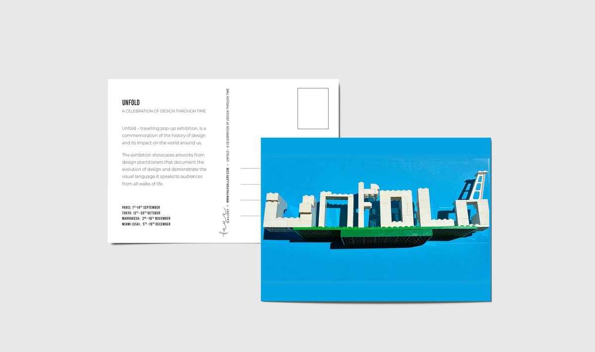 UNFOLD exhibition postcard — Paris · Tokyo · Marrakesh · Miami
